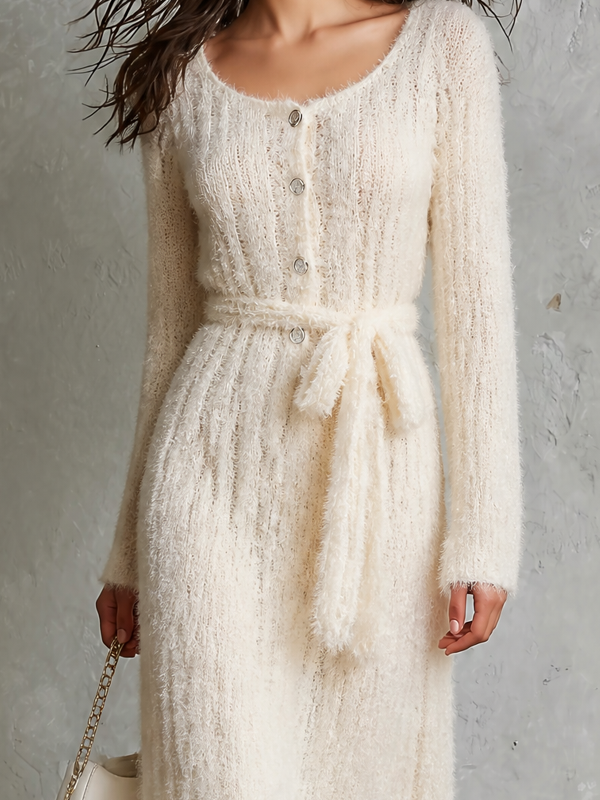 Chic Elegant Off‑White Scoop Neck Button-Front Long-Sleeve Self‑Tie Waist Belt Loose-Fit Fuzzy Knit Midi Dress