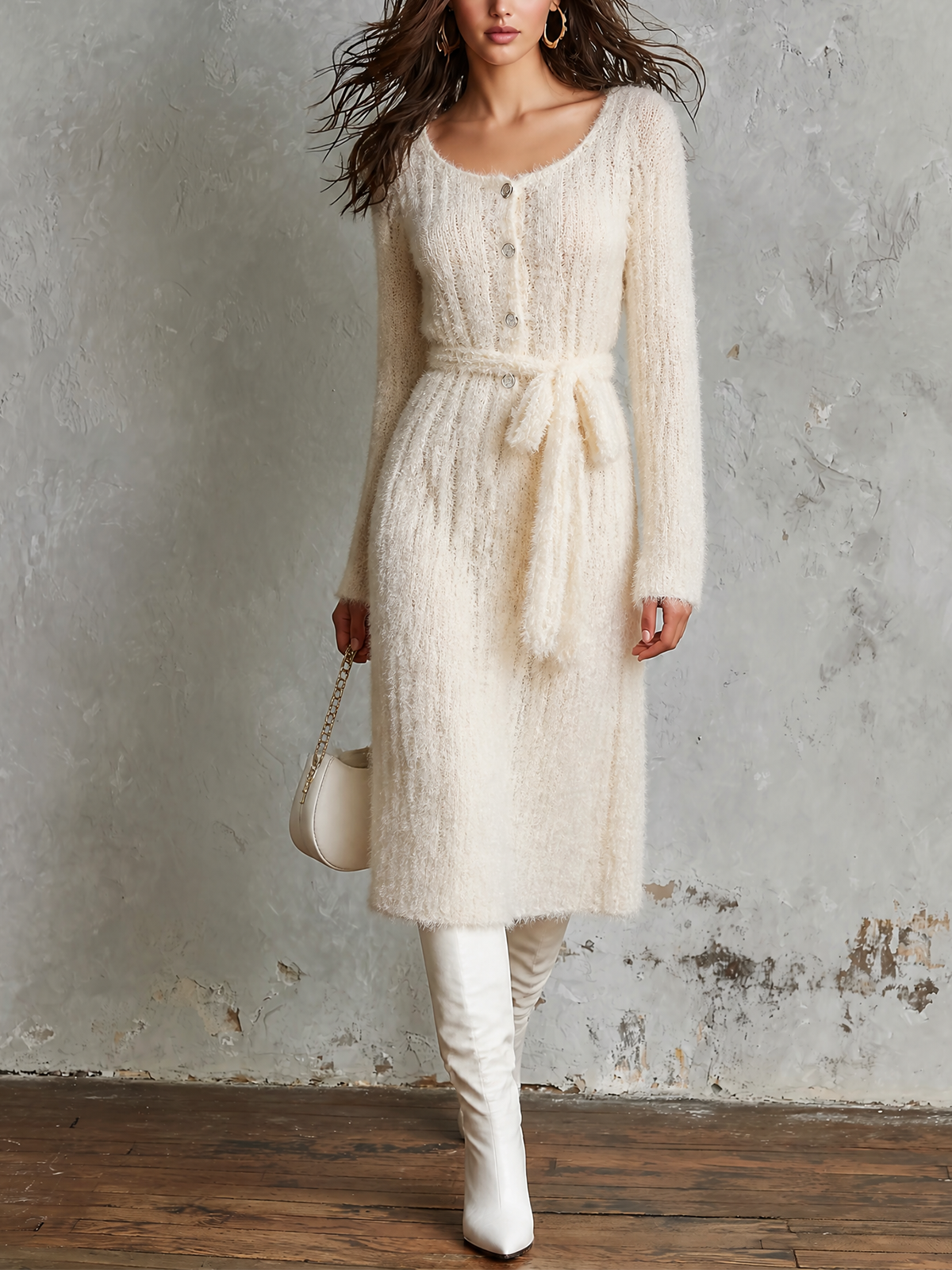 Chic Elegant Off‑White Scoop Neck Button-Front Long-Sleeve Self‑Tie Waist Belt Loose-Fit Fuzzy Knit Midi Dress