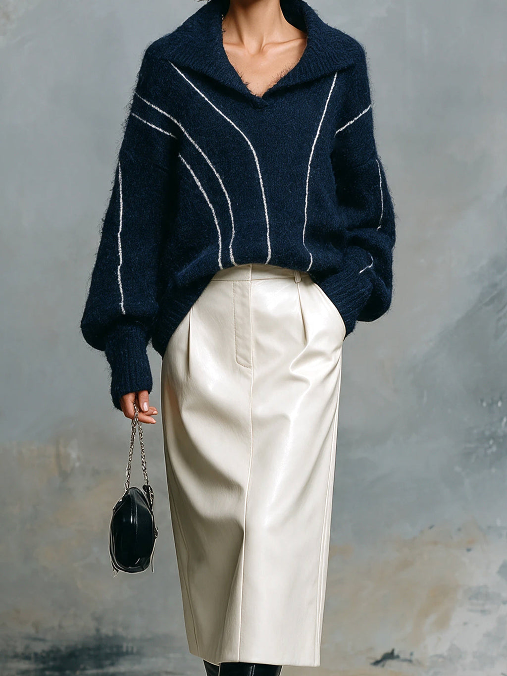 Chic Elegant Navy Blue Lapel V-Neck Long-Sleeve Stripe Detail Loose-Fit Sweater White PU Straight Midi Skirt Two-Piece Set