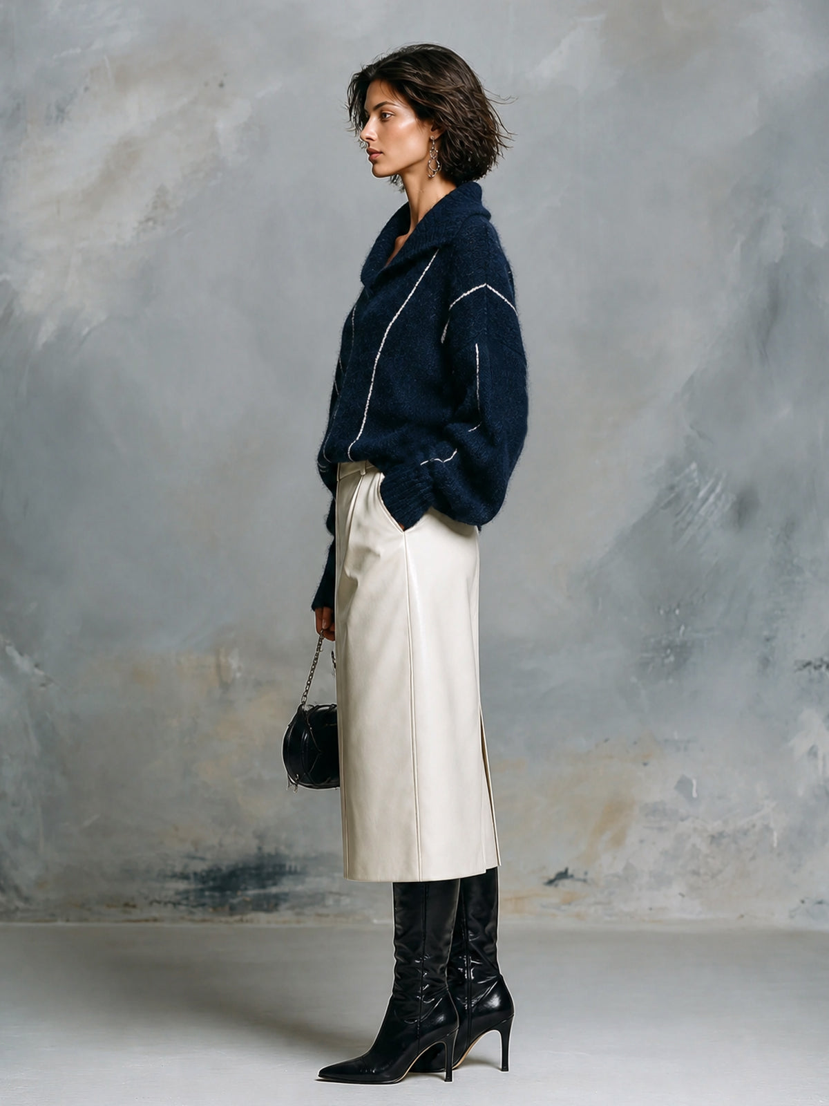 Chic Elegant Navy Blue Lapel V-Neck Long-Sleeve Stripe Detail Loose-Fit Sweater White PU Straight Midi Skirt Two-Piece Set