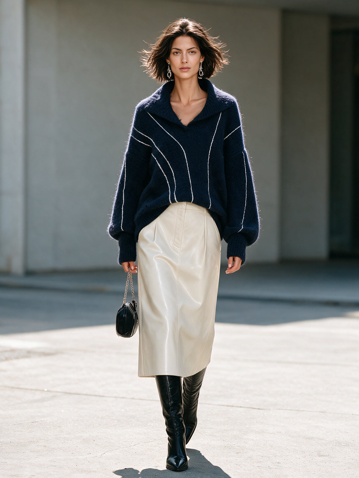 Chic Elegant Navy Blue Lapel V-Neck Long-Sleeve Stripe Detail Loose-Fit Sweater White PU Straight Midi Skirt Two-Piece Set