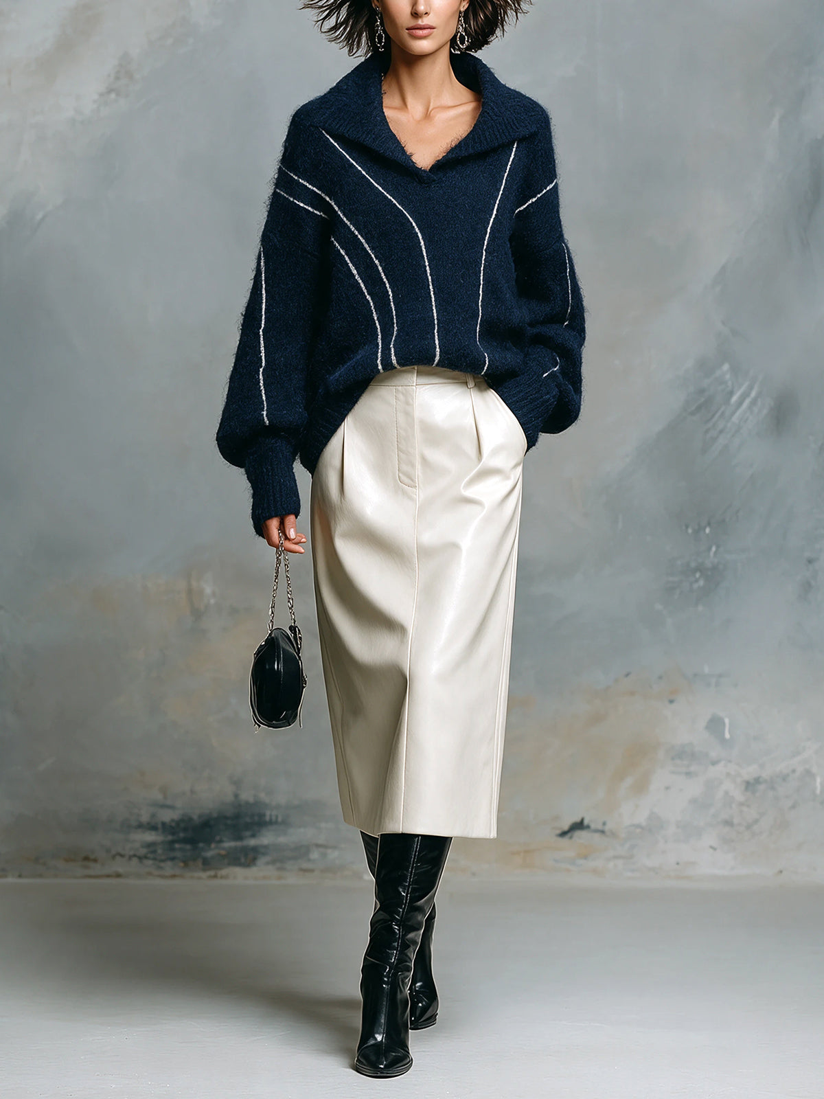 Chic Elegant Navy Blue Lapel V-Neck Long-Sleeve Stripe Detail Loose-Fit Sweater White PU Straight Midi Skirt Two-Piece Set