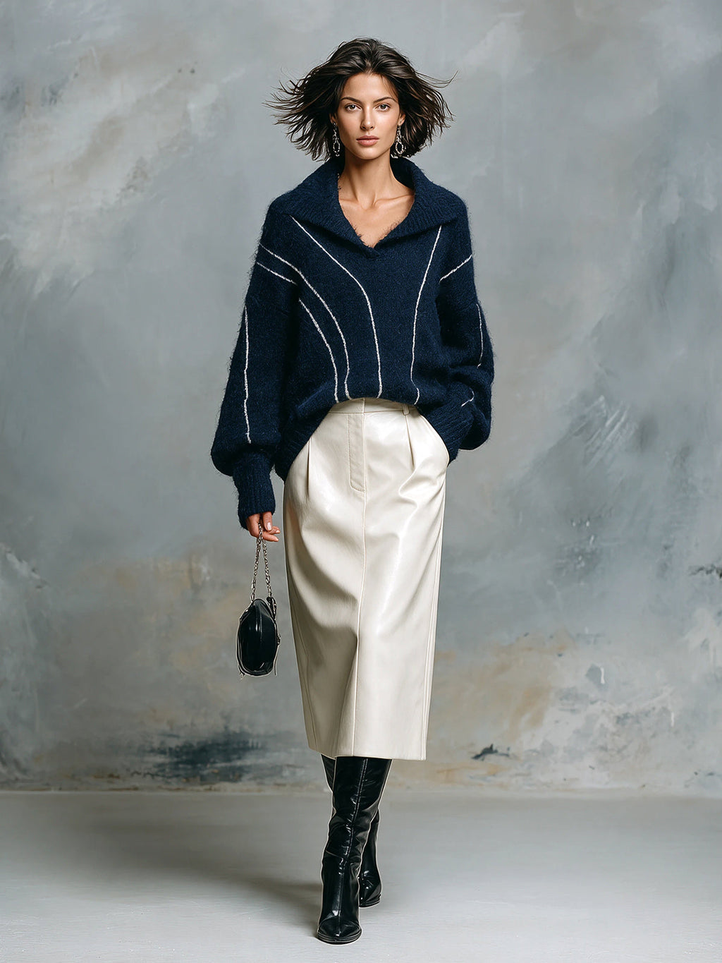 Chic Elegant Navy Blue Lapel V-Neck Long-Sleeve Stripe Detail Loose-Fit Sweater White PU Straight Midi Skirt Two-Piece Set