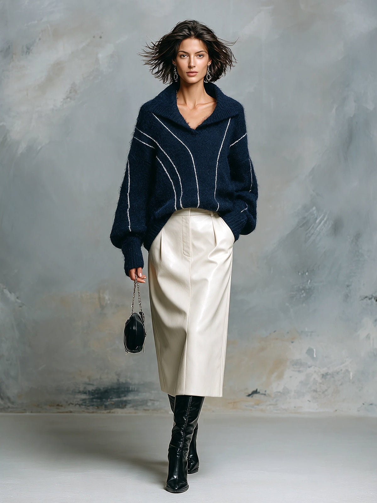 Chic Elegant Navy Blue Lapel V-Neck Long-Sleeve Stripe Detail Loose-Fit Sweater White PU Straight Midi Skirt Two-Piece Set