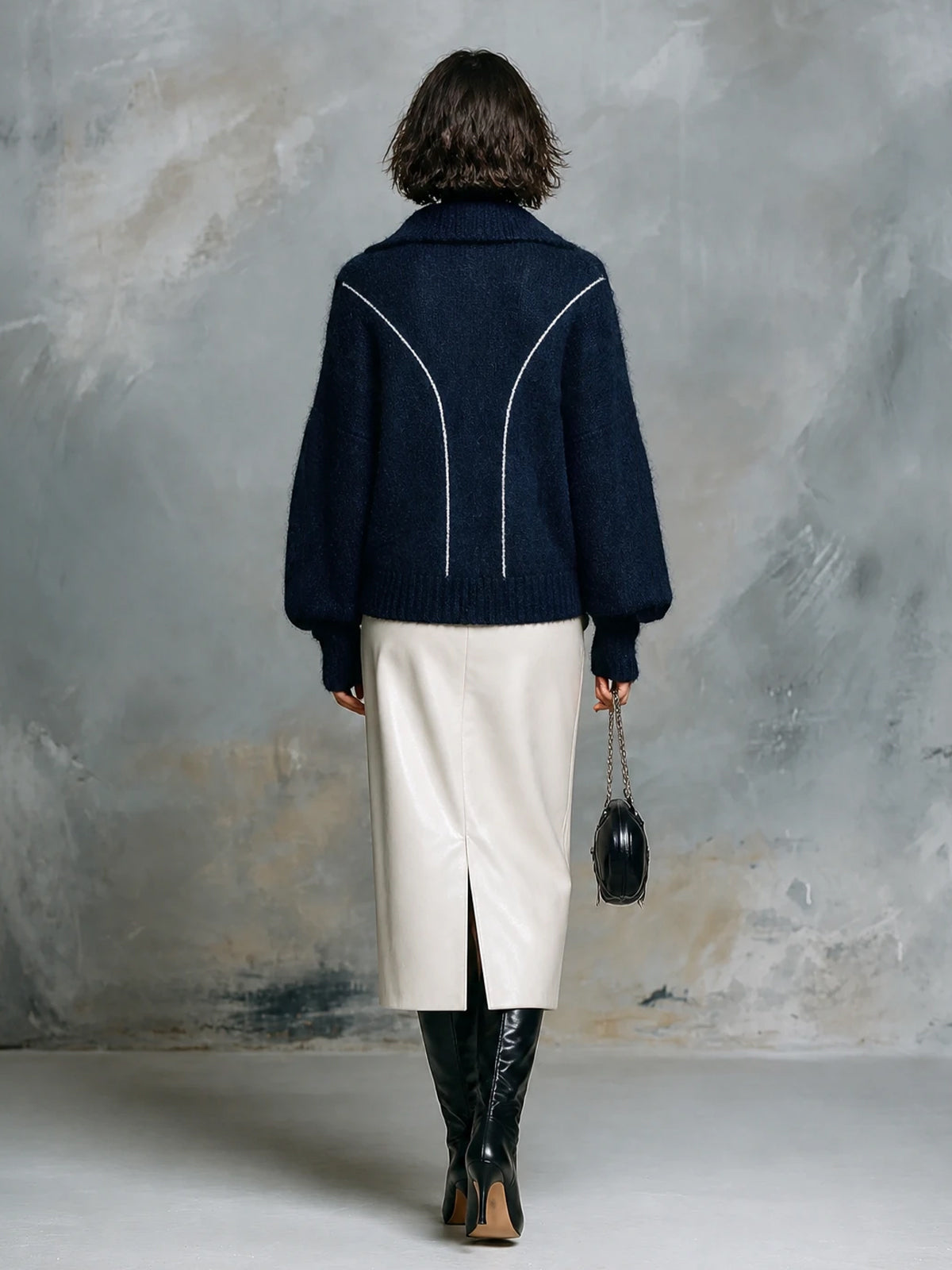 Chic Elegant Navy Blue Lapel V-Neck Long-Sleeve Stripe Detail Loose-Fit Sweater White PU Straight Midi Skirt Two-Piece Set