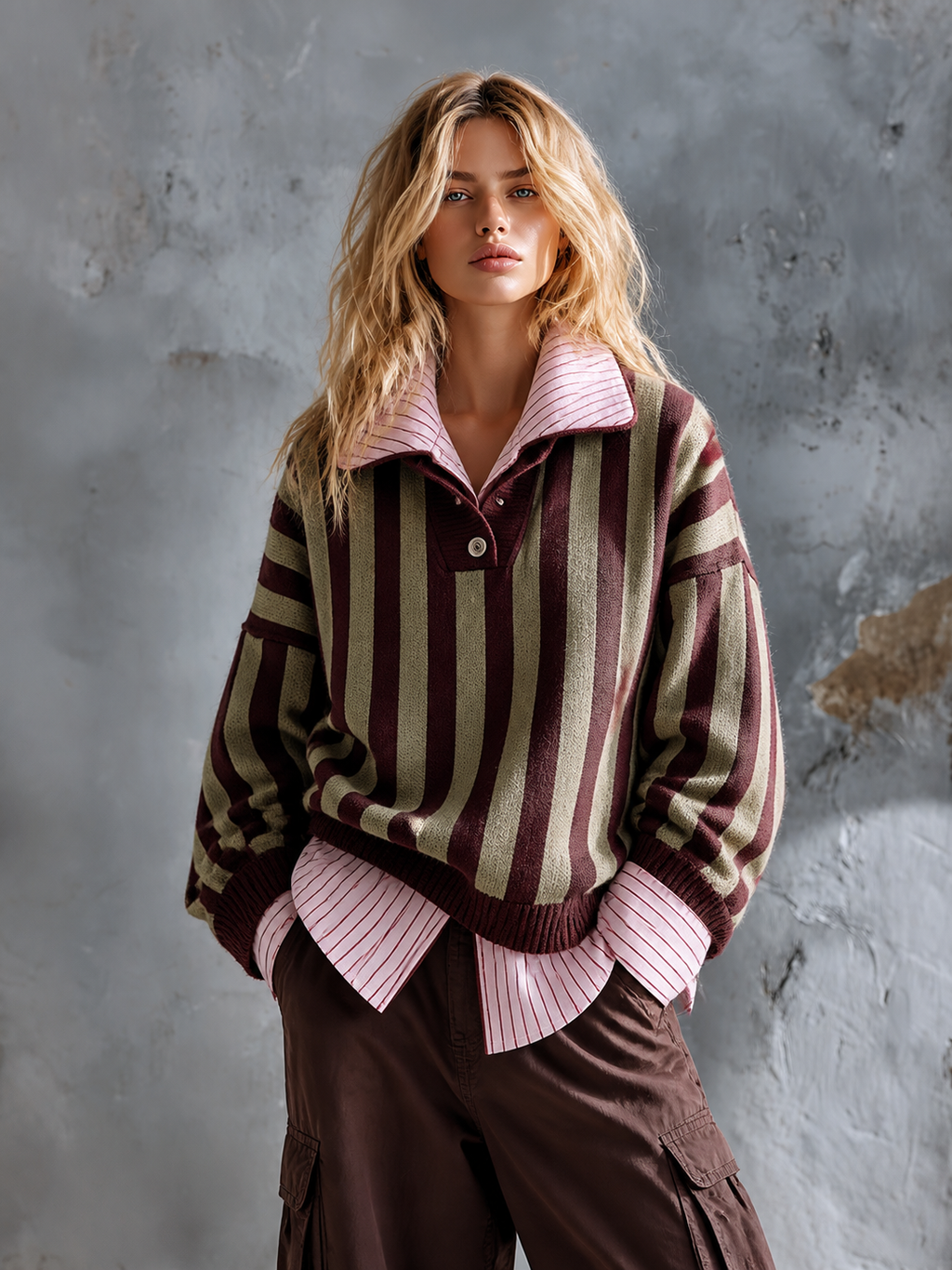 Chic Casual Olive Green-Burgundy Stripes Lapel Collar Button-Up Long-Sleeve Loose-Fit Wool Blend Knit Sweater