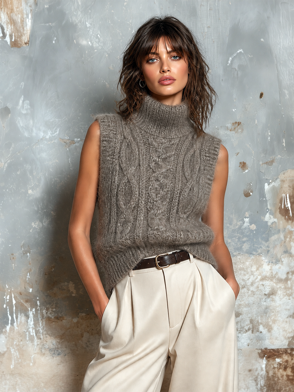 Chic Casual Taupe Grey Turtleneck Sleeveless Cable Loose-Fit Chunky Knit Vest