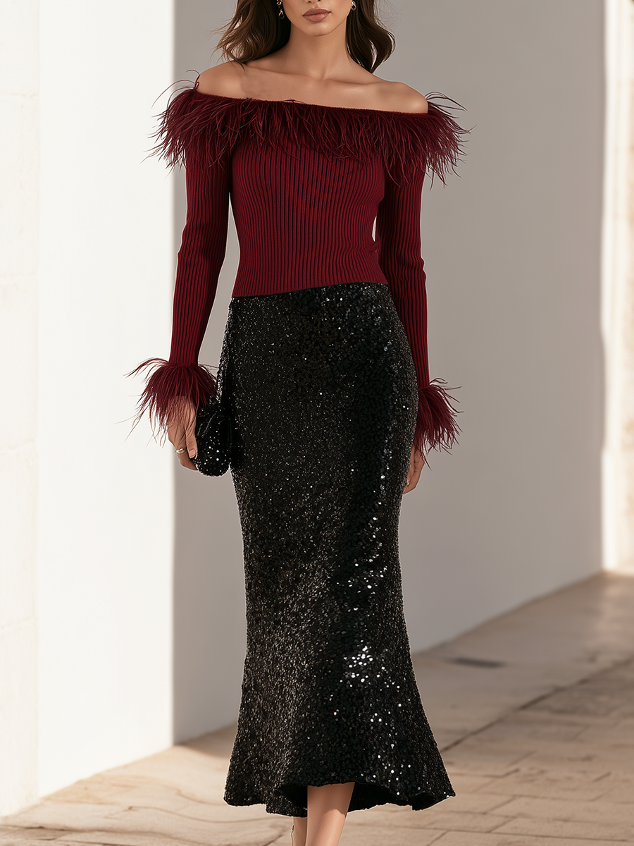 Burgundy Feather-Trim Off-Shoulder Ribbed Knit Top And Black Sequin Midi Skirt Elegant Set