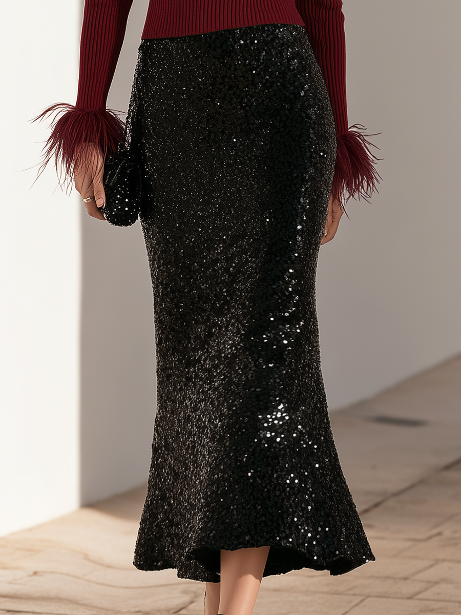 Burgundy Feather-Trim Off-Shoulder Ribbed Knit Top And Black Sequin Midi Skirt Elegant Set