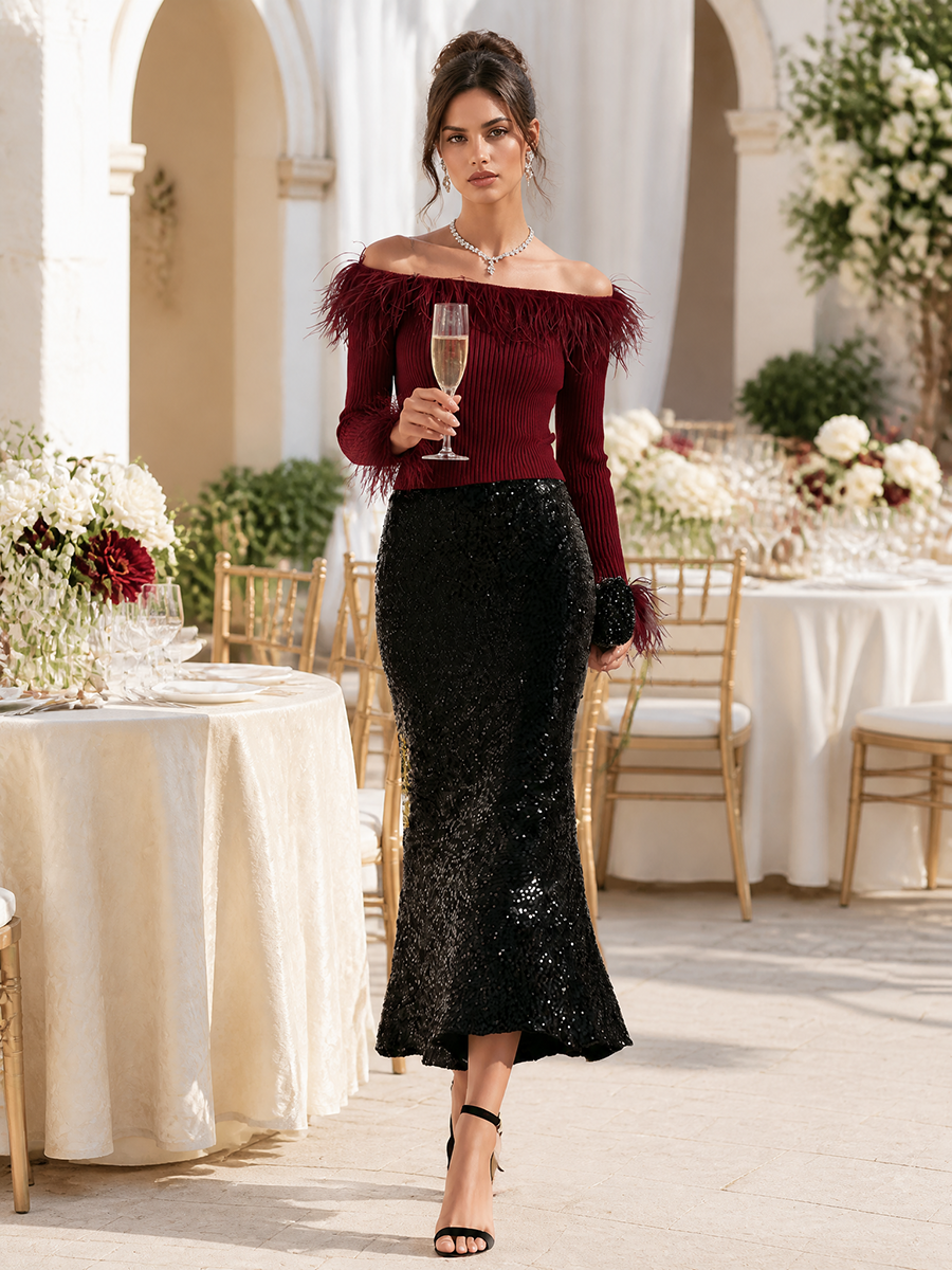Burgundy Feather-Trim Off-Shoulder Ribbed Knit Top And Black Sequin Midi Skirt Elegant Set