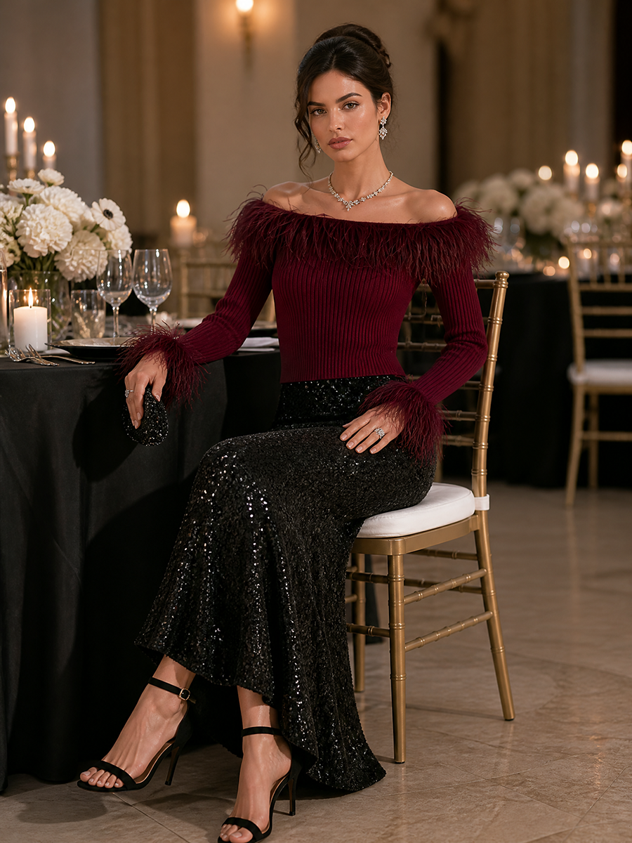 Burgundy Feather-Trim Off-Shoulder Ribbed Knit Top And Black Sequin Midi Skirt Elegant Set