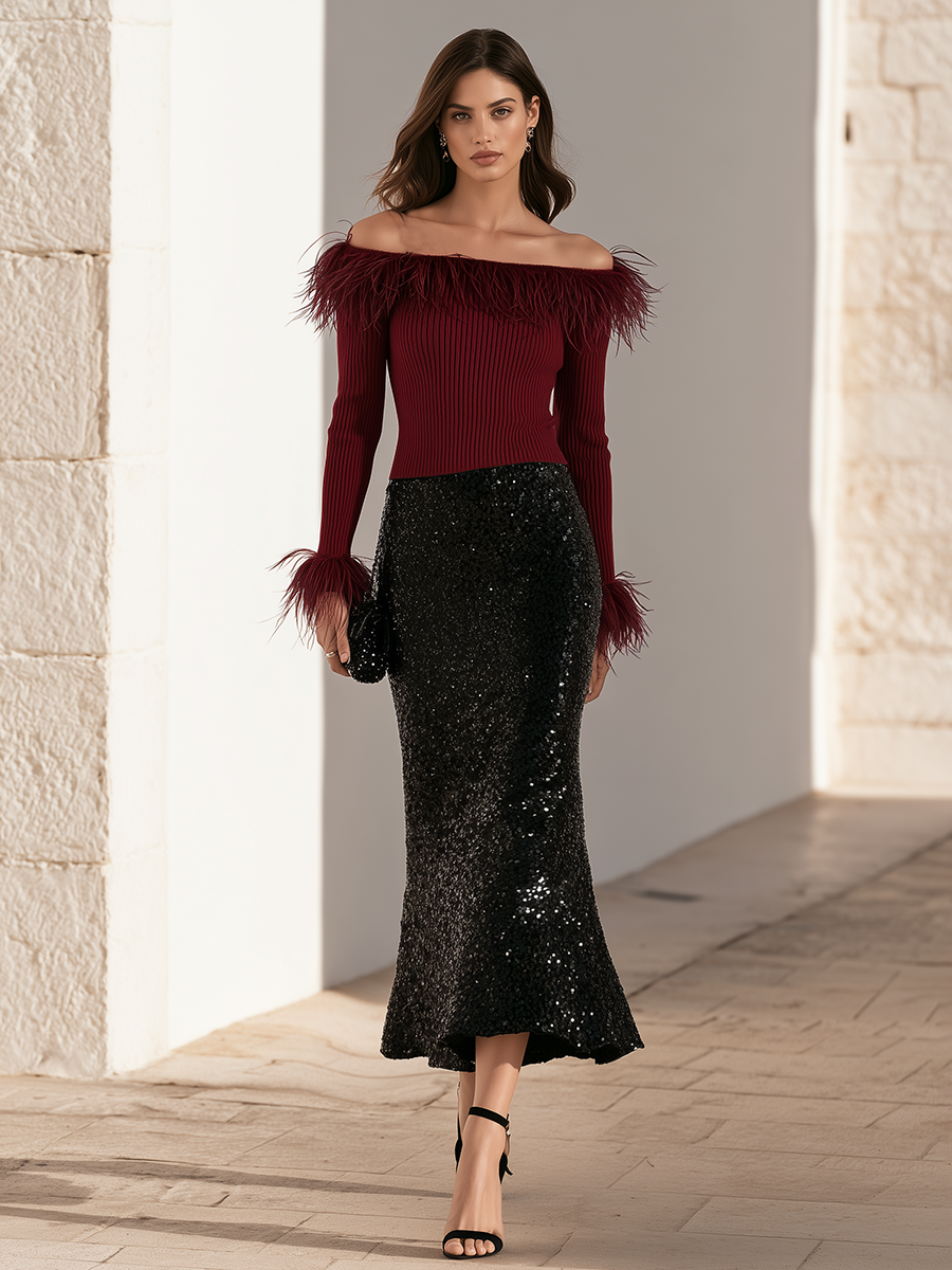 Burgundy Feather-Trim Off-Shoulder Ribbed Knit Top And Black Sequin Midi Skirt Elegant Set