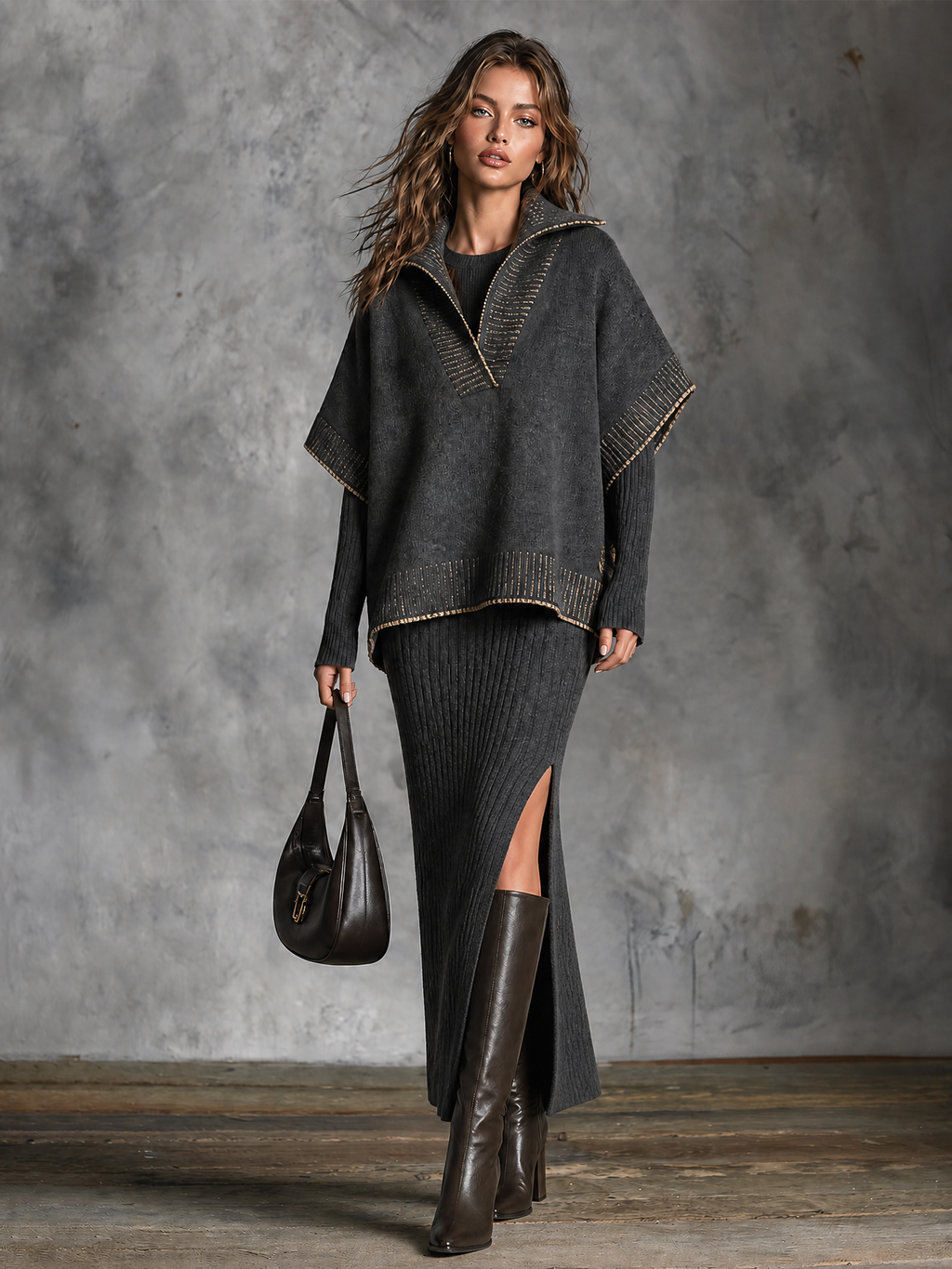 Chic Elegant Dark Grey Lapel-Collar V‑Neck Contrast Trim Short-Sleeved Loose-Fit Knit Sweater Side-Slit Maxi Skirt Ribbed Knit Two-Piece Set