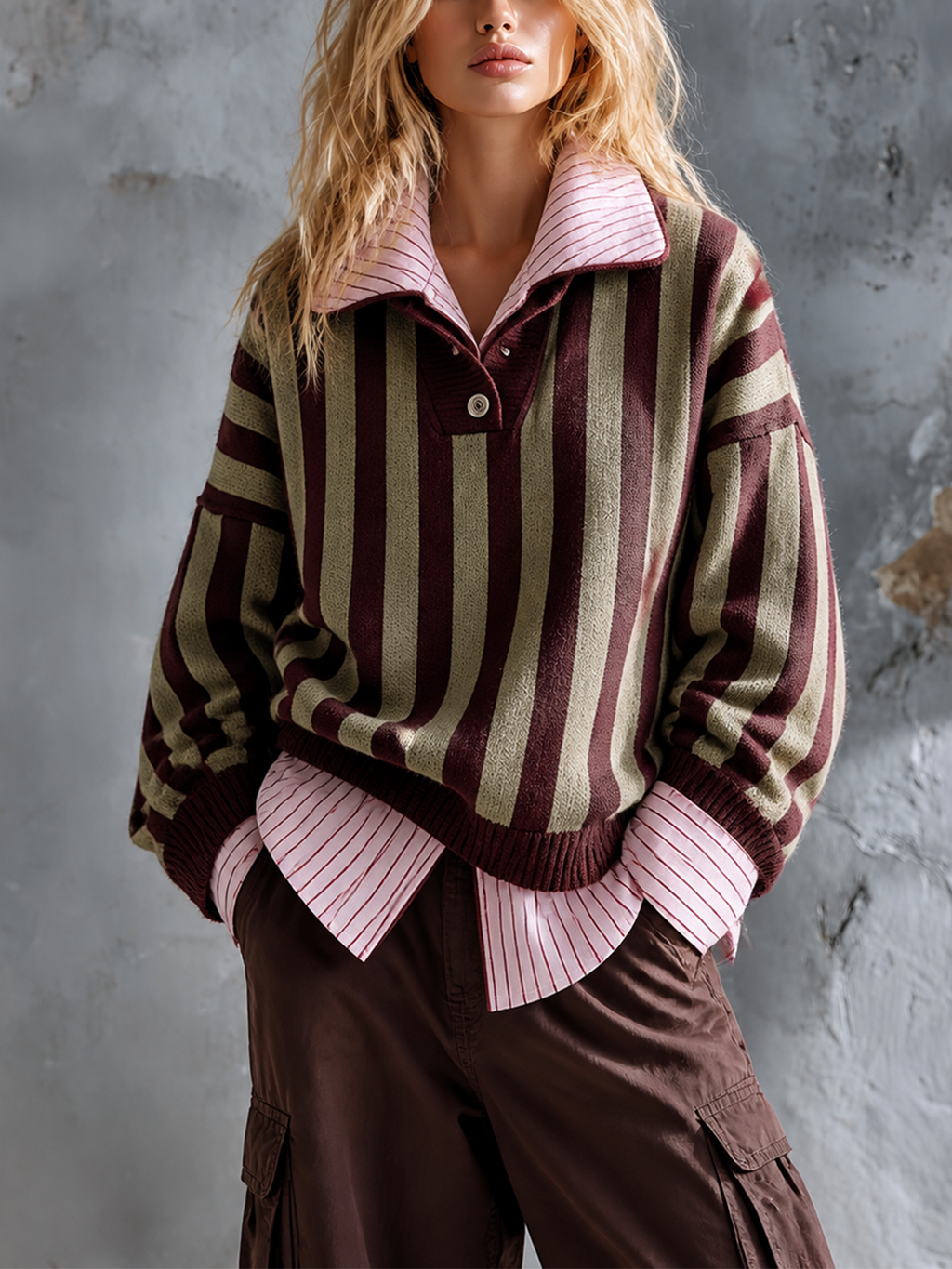 Chic Casual Olive Green-Burgundy Stripes Lapel Collar Button-Up Long-Sleeve Loose-Fit Wool Blend Knit Sweater