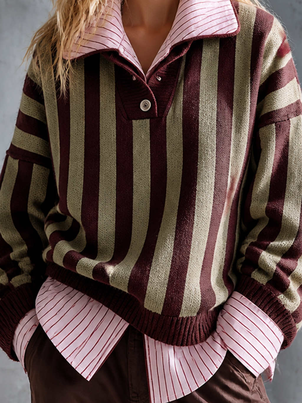 Chic Casual Olive Green-Burgundy Stripes Lapel Collar Button-Up Long-Sleeve Loose-Fit Wool Blend Knit Sweater