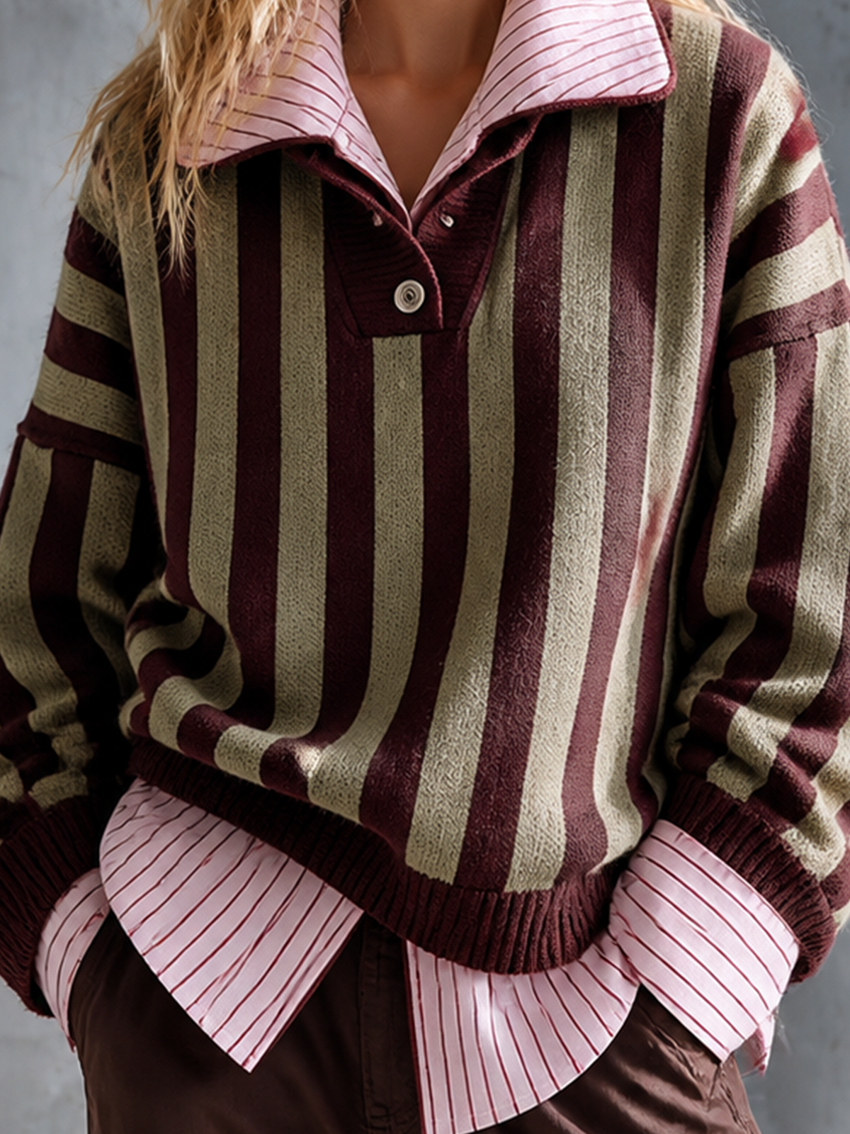 Chic Casual Olive Green-Burgundy Stripes Lapel Collar Button-Up Long-Sleeve Loose-Fit Wool Blend Knit Sweater