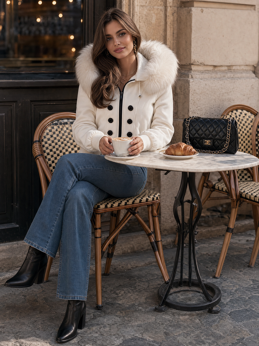 Ivory Faux-Fur Hood Black-Button Zip-Front Cropped Elegant Winter Jacket