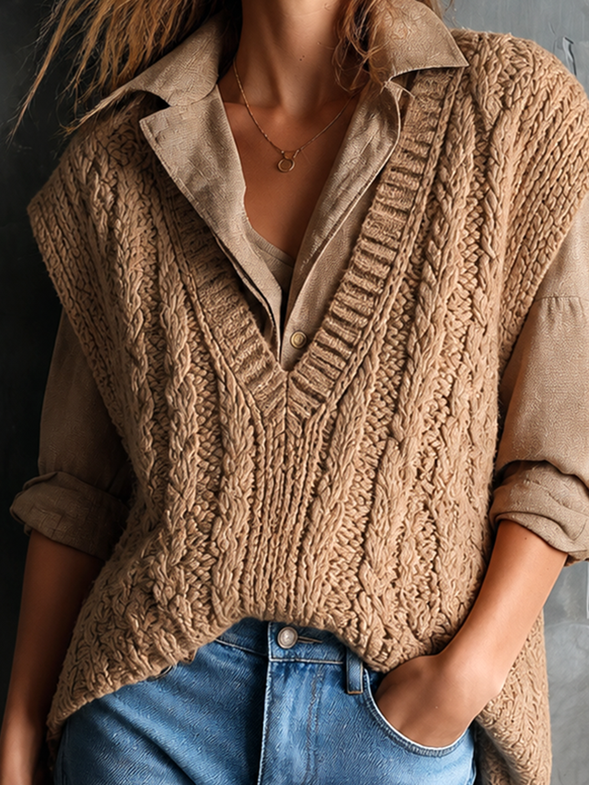 Chic Casual Camel V‑Neck Sleeveless Cable Loose-Fit Chunky Knit Vest