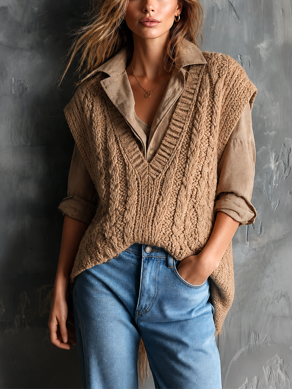 Chic Casual Camel V‑Neck Sleeveless Cable Loose-Fit Chunky Knit Vest