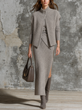 Chic Elegant Grey Stand Collar Single‑Button Sleeveless Knit Vest Side-Slit Maxi Skirt Ribbed Knit Two-Piece Set