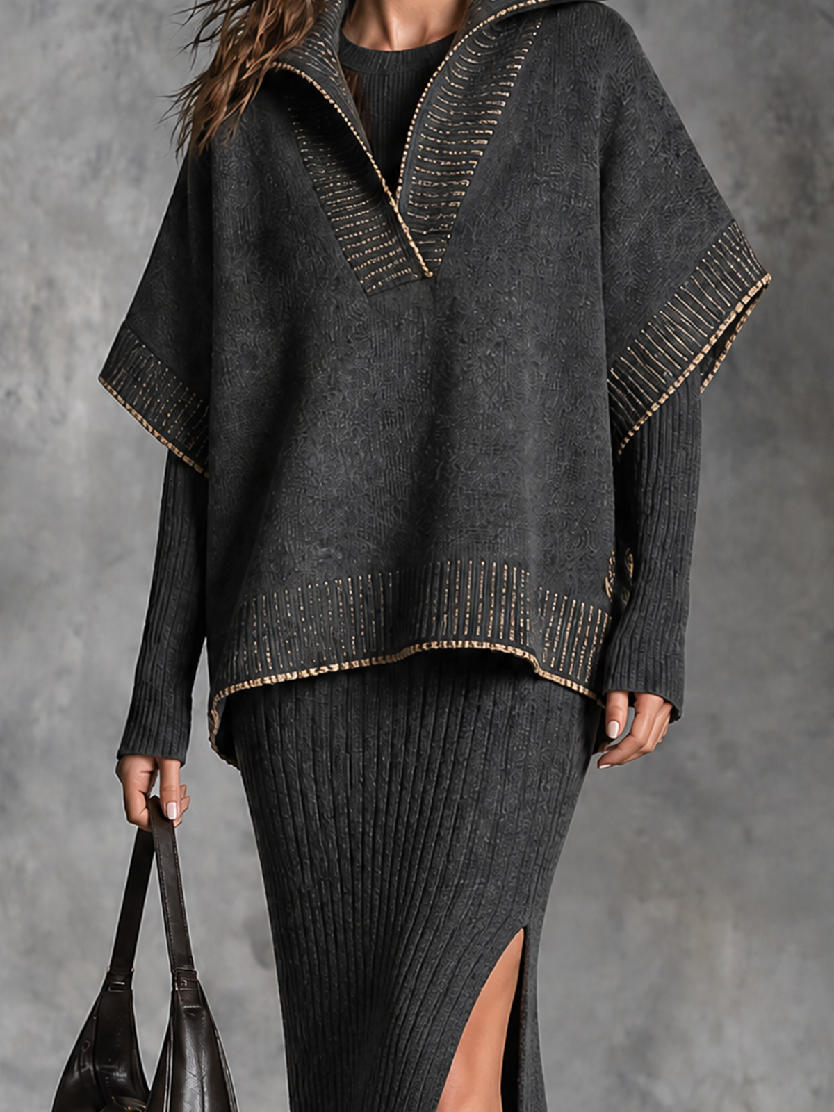 Chic Elegant Dark Grey Lapel-Collar V‑Neck Contrast Trim Short-Sleeved Loose-Fit Knit Sweater Side-Slit Maxi Skirt Ribbed Knit Two-Piece Set