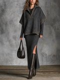Chic Elegant Dark Grey Lapel-Collar V‑Neck Contrast Trim Short-Sleeved Loose-Fit Knit Sweater Side-Slit Maxi Skirt Ribbed Knit Two-Piece Set