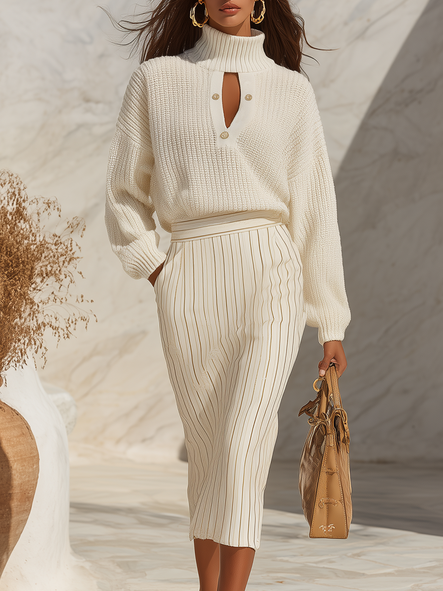 Resort-style Stand-up Collar Openwork Long-sleeved Top And Striped Skirt Set