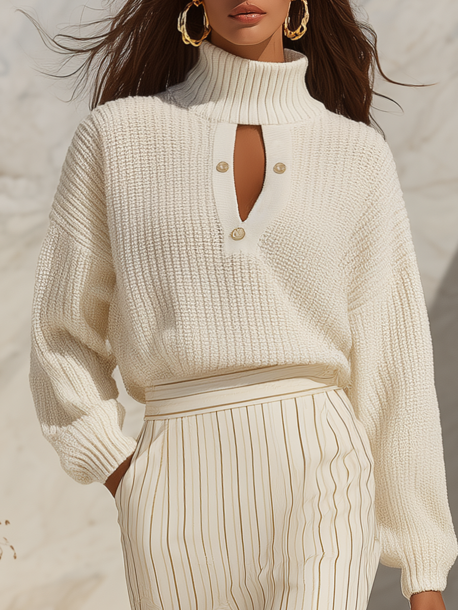 Resort-style Stand-up Collar Openwork Long-sleeved Top And Striped Skirt Set