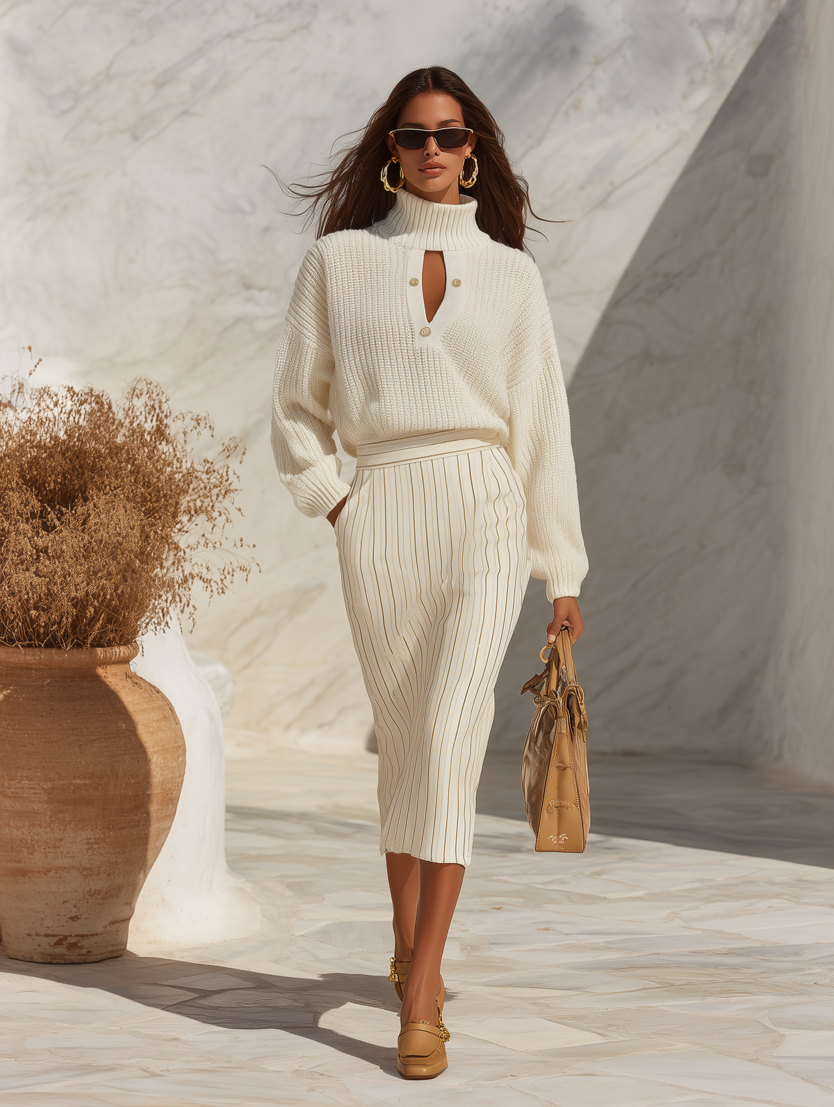 Resort-style Stand-up Collar Openwork Long-sleeved Top And Striped Skirt Set