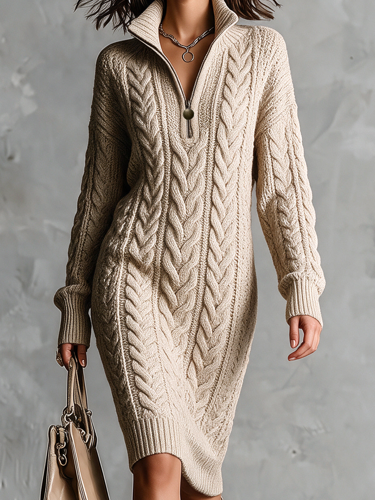 Chic Classic Oatmeal Zipper-Up Stand Collar Long-Sleeve Loose-Fit Wool Blend Cable-Knit Midi Dress