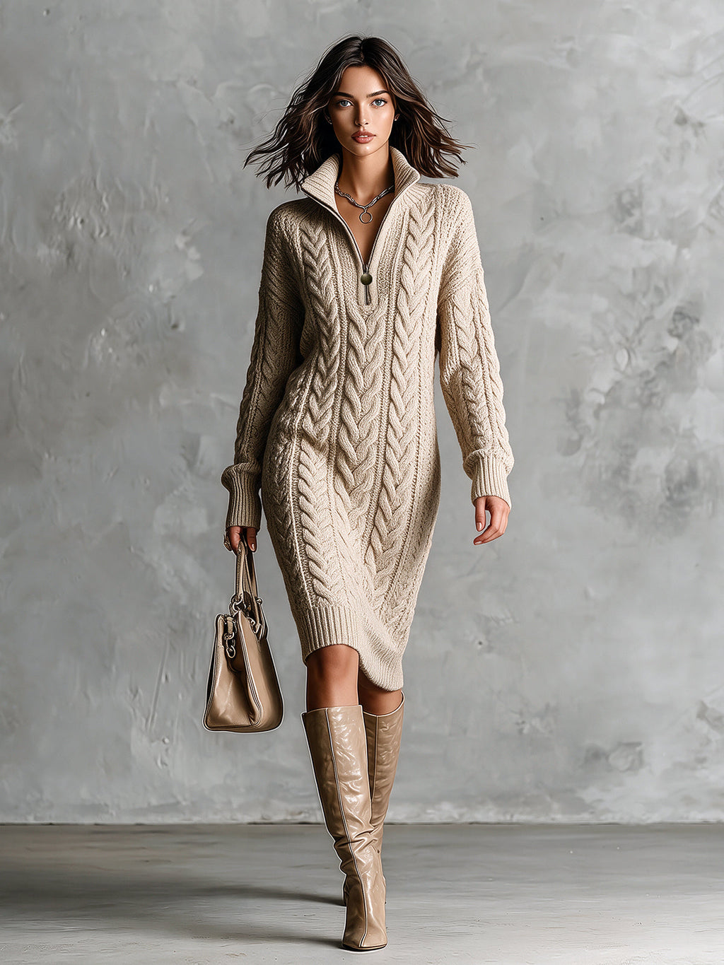 Chic Classic Oatmeal Zipper-Up Stand Collar Long-Sleeve Loose-Fit Wool Blend Cable-Knit Midi Dress