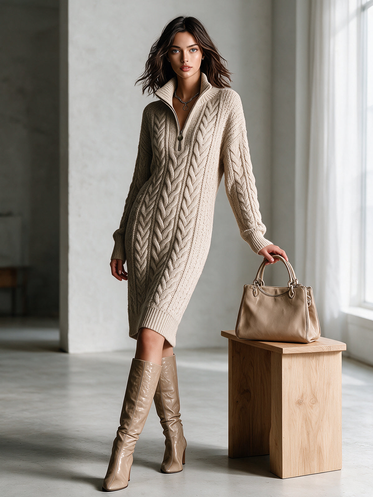 Chic Classic Oatmeal Zipper-Up Stand Collar Long-Sleeve Loose-Fit Wool Blend Cable-Knit Midi Dress