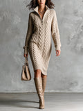 Chic Classic Oatmeal Zipper-Up Stand Collar Long-Sleeve Loose-Fit Wool Blend Cable-Knit Midi Dress