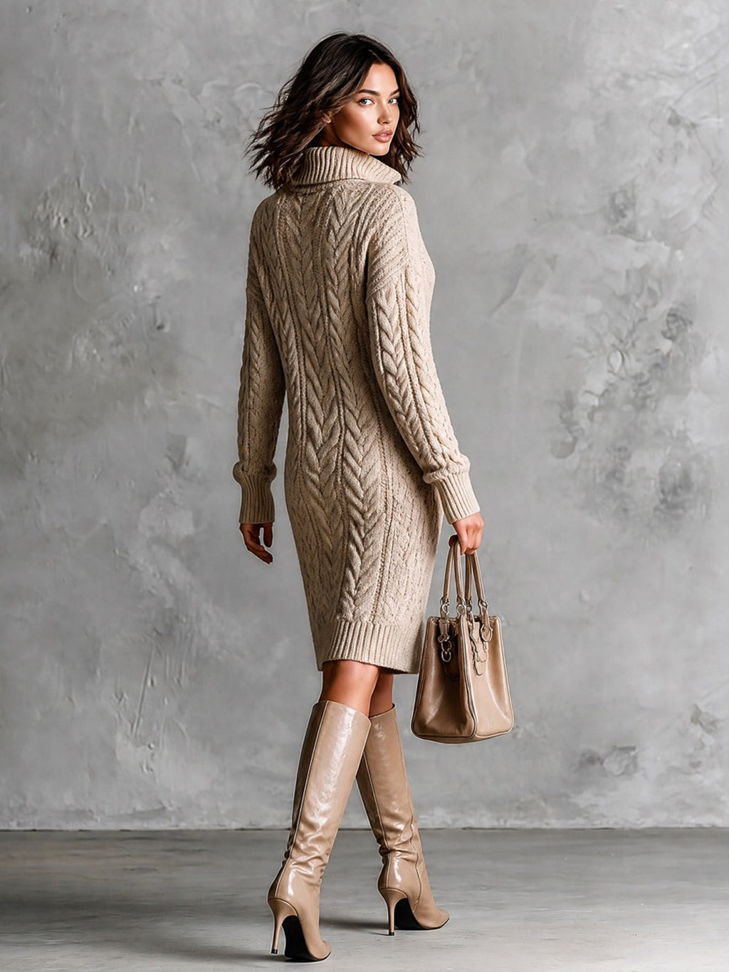 Chic Classic Oatmeal Zipper-Up Stand Collar Long-Sleeve Loose-Fit Wool Blend Cable-Knit Midi Dress