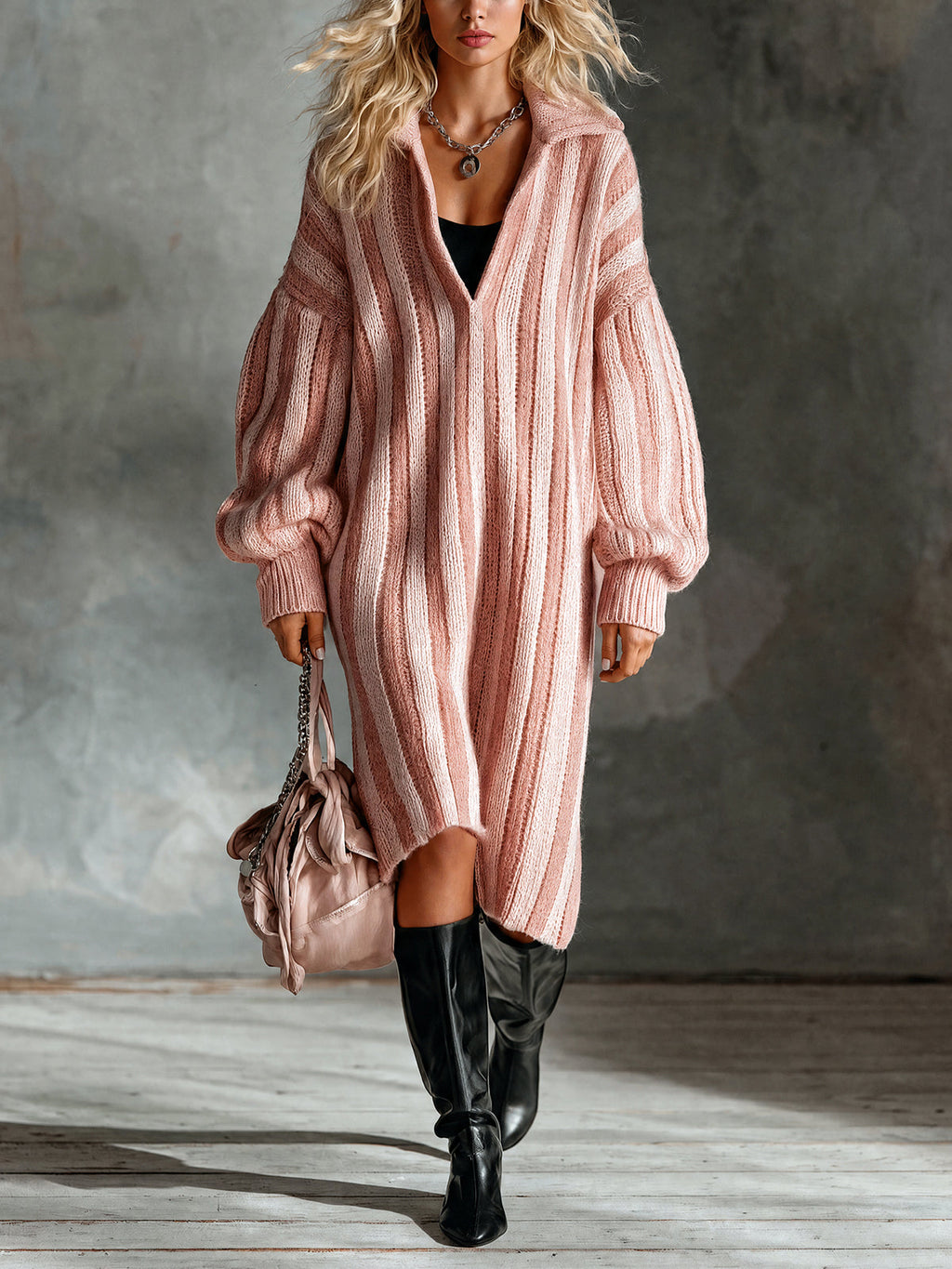 Chic Elegant Pink Colorblock Stripes Lapel V-Neck Long-Lantern-Sleeve Oversized Wool Blend Knit Midi Dress