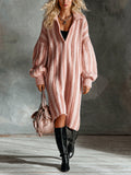 Chic Elegant Pink Colorblock Stripes Lapel V-Neck Long-Lantern-Sleeve Oversized Wool Blend Knit Midi Dress