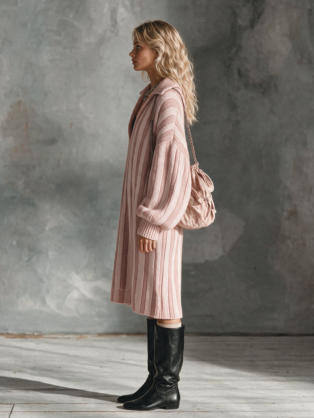 Chic Elegant Pink Colorblock Stripes Lapel V-Neck Long-Lantern-Sleeve Oversized Wool Blend Knit Midi Dress