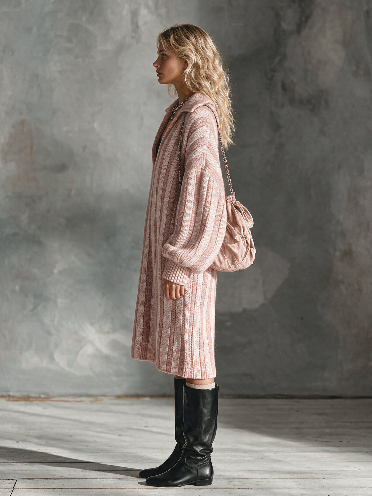 Chic Elegant Pink Colorblock Stripes Lapel V-Neck Long-Lantern-Sleeve Oversized Wool Blend Knit Midi Dress