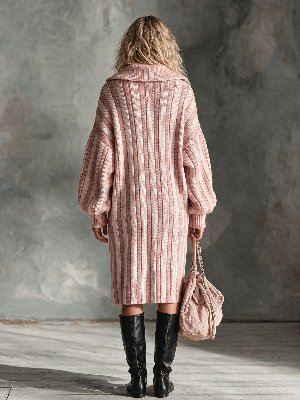 Chic Elegant Pink Colorblock Stripes Lapel V-Neck Long-Lantern-Sleeve Oversized Wool Blend Knit Midi Dress