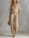 Chic Elegant Oatmeal Boat-Neck Dropped-Shoulder Half-Sleeve Loose-Fit Sweater Elastic-Waist Straight Pants Ribbed Knit Two-Piece Set