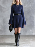 Chic Elegant Navy Blue Round-Neck Long-Flare-Sleeve Belted Soft Mohair Blend Ribbed A-Line Knit Mini Dress