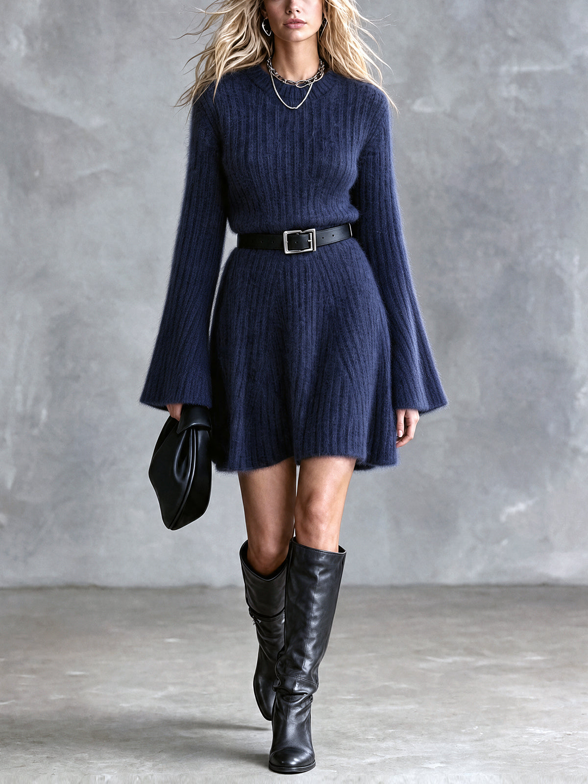 Chic Elegant Navy Blue Round-Neck Long-Flare-Sleeve Belted Soft Mohair Blend Ribbed A-Line Knit Mini Dress