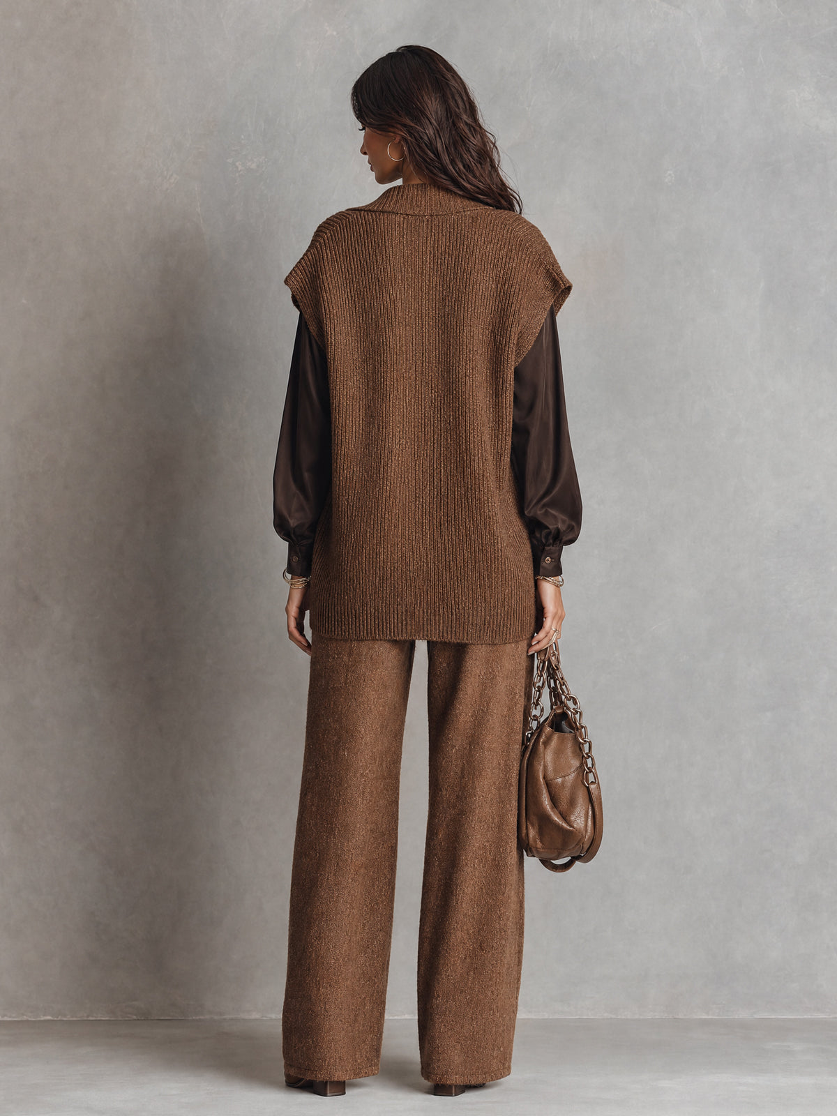 Chic Elegant Coffee Zipper-Up V-Neck Dropped-Shoulder Loose-Fit Ribbed Knit Vest Wool Blend Straight Pants Two-Piece Set