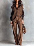 Chic Elegant Coffee Zipper-Up V-Neck Dropped-Shoulder Loose-Fit Ribbed Knit Vest Wool Blend Straight Pants Two-Piece Set
