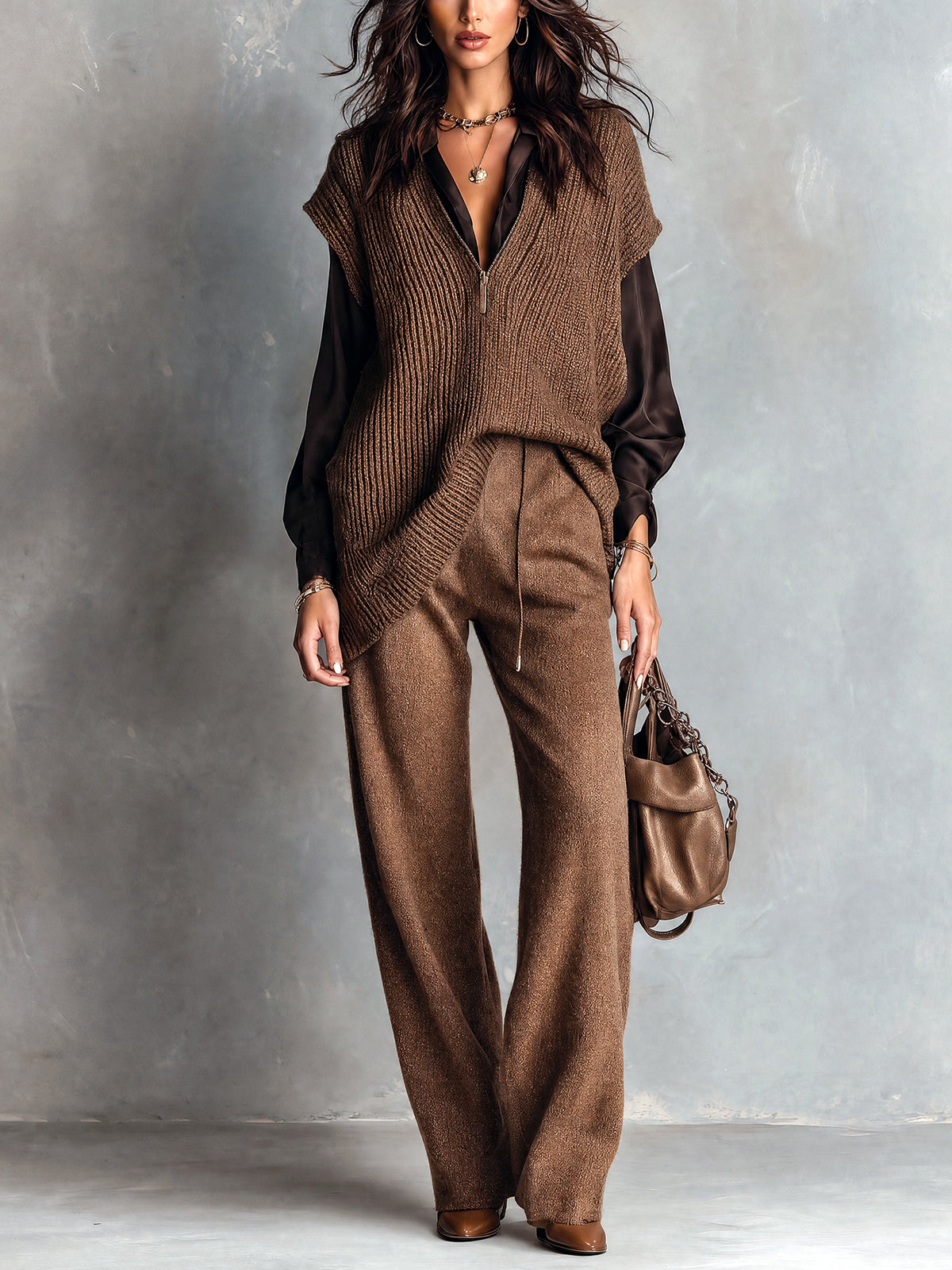 Chic Elegant Coffee Zipper-Up V-Neck Dropped-Shoulder Loose-Fit Ribbed Knit Vest Wool Blend Straight Pants Two-Piece Set