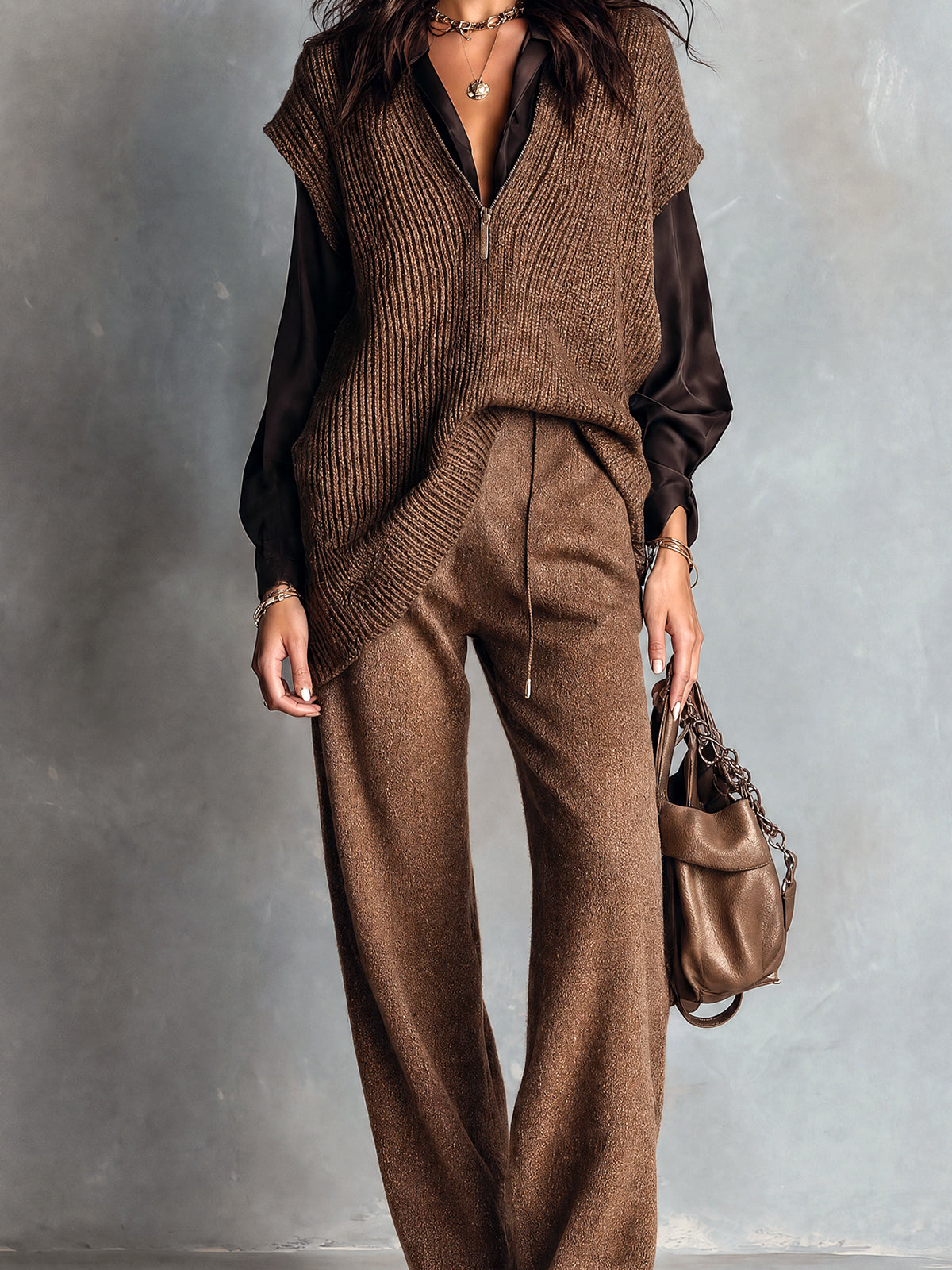 Chic Elegant Coffee Zipper-Up V-Neck Dropped-Shoulder Loose-Fit Ribbed Knit Vest Wool Blend Straight Pants Two-Piece Set