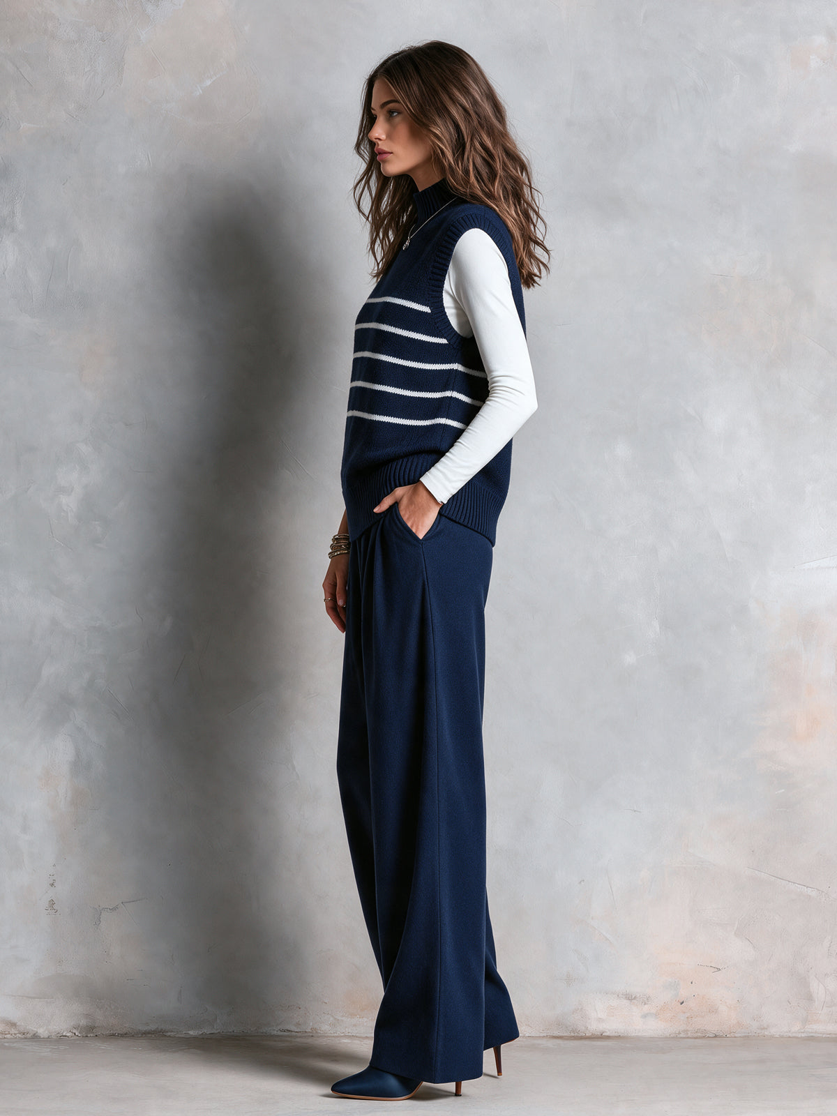 Chic Elegant Navy Blue Turtleneck Stripe Detail Loose-Fit Wool Blend Knit Vest Cotton Blend Ruched Straight Pants Two-Piece Set