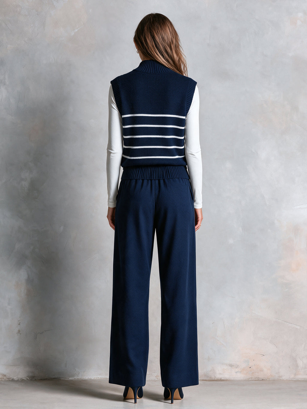 Chic Elegant Navy Blue Turtleneck Stripe Detail Loose-Fit Wool Blend Knit Vest Cotton Blend Ruched Straight Pants Two-Piece Set