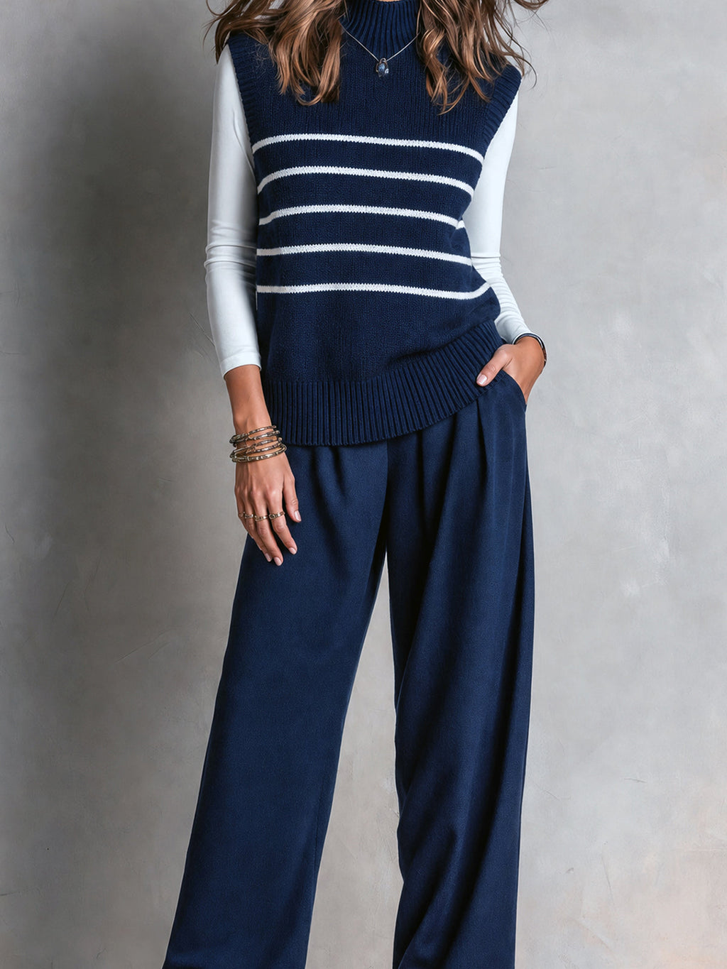 Chic Elegant Navy Blue Turtleneck Stripe Detail Loose-Fit Wool Blend Knit Vest Cotton Blend Ruched Straight Pants Two-Piece Set