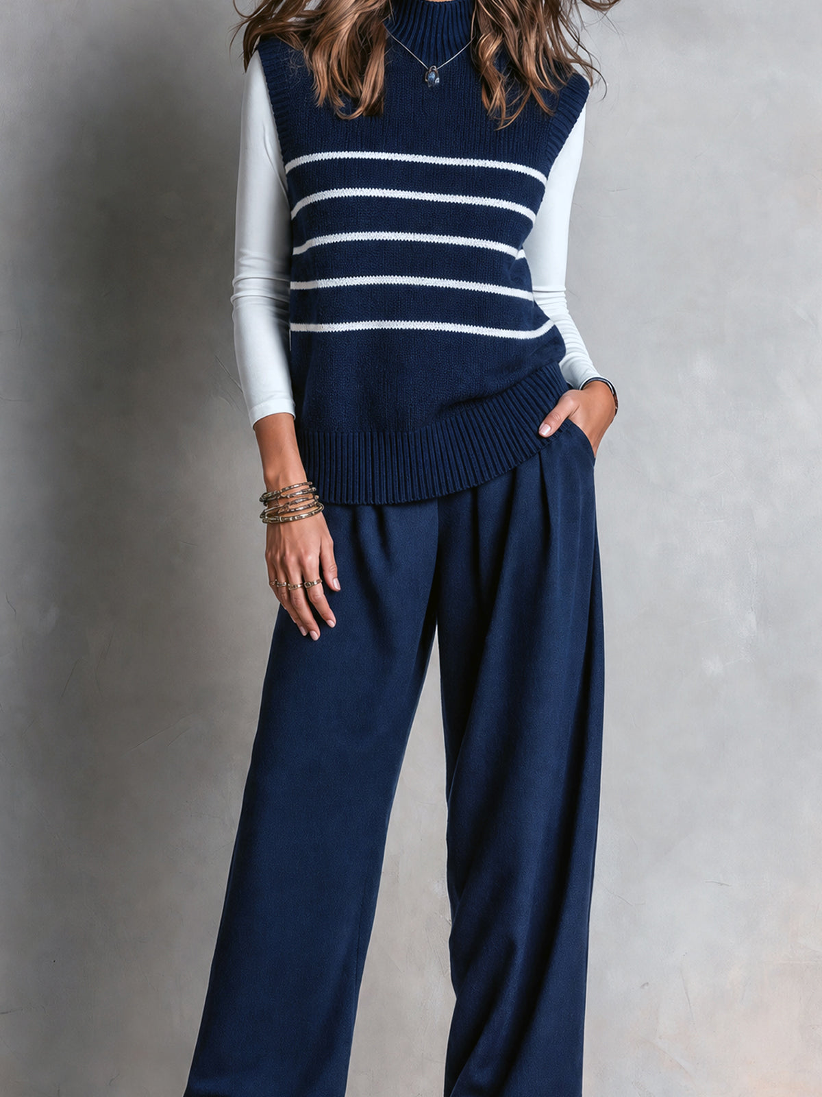 Chic Elegant Navy Blue Turtleneck Stripe Detail Loose-Fit Wool Blend Knit Vest Cotton Blend Ruched Straight Pants Two-Piece Set